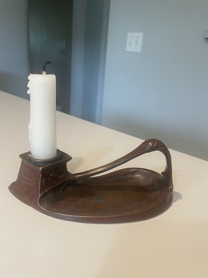 Antique Art Nouveau Copper Chamberstick Finger Loop Candle Holder 6.75  c1900