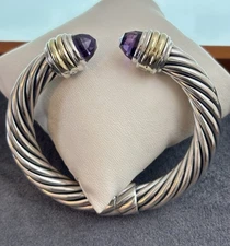 David Yurman 925 & 14k Gold 10mm Cable Bracelet with Amethyst-Small 