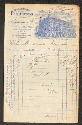 PARIS (IX° Arrt.) SPRING DEPARTMENT STORES ''LAGUIONIE & Cie'' invoice in 1908