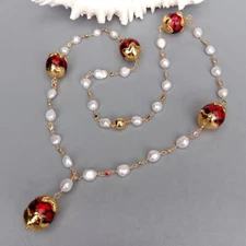 33.5" White Baroque Pearl Cz Pave Rosary Chain Red Murano Glass Long Necklace