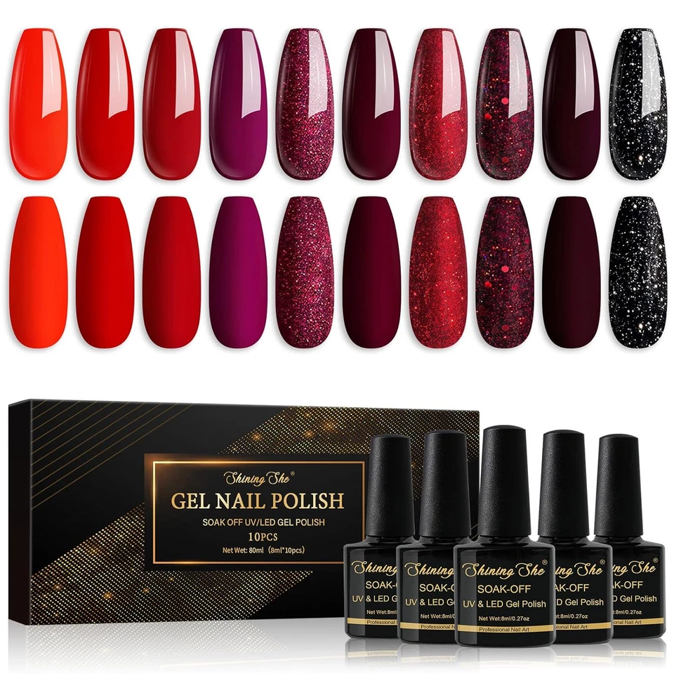 Shining She UV Nagellack Rot,10 Farben Rot Burgunder Dunkelrot Rot Schwarz Glitz