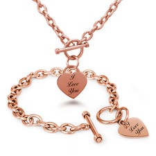 Stainless Steel I Love You Heart Charm Bracelet, Necklace, Set