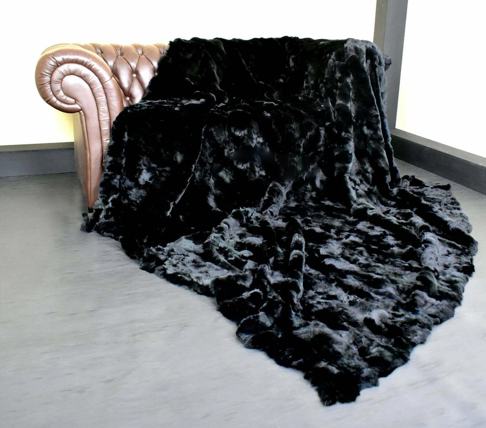 Luxury Soft Real Rex Rabbit Fur Throw Blanket Warm Sofa Bedspread Queen 79x55'' - Image 3 of 4