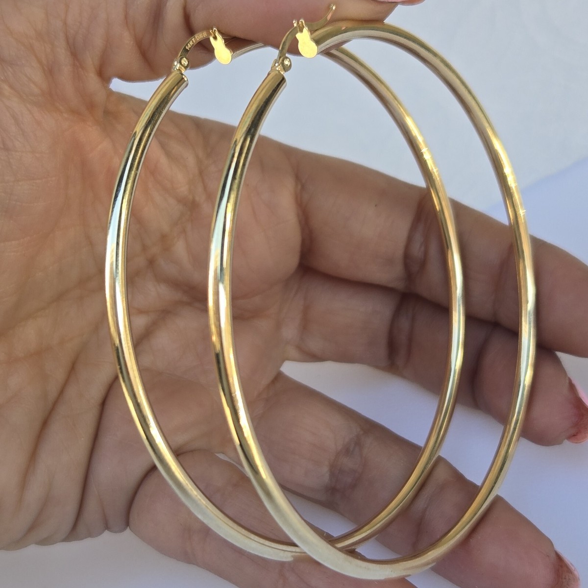 Big 14k yellow gold plain hoop earrings 3.25 inches Long 80 