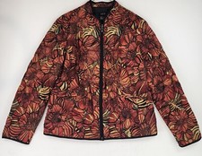 R Q T Jacket Womens Large Orange Black Floral Grannycore Quilted Boho Full Zip