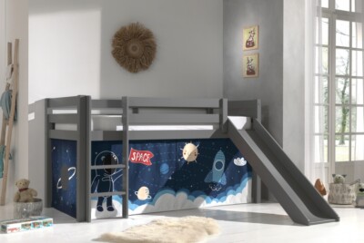 Vipack:''Pino'' Halbhohes Bett mit Rutsche+Textilset ''Space Shuttle''-Grau