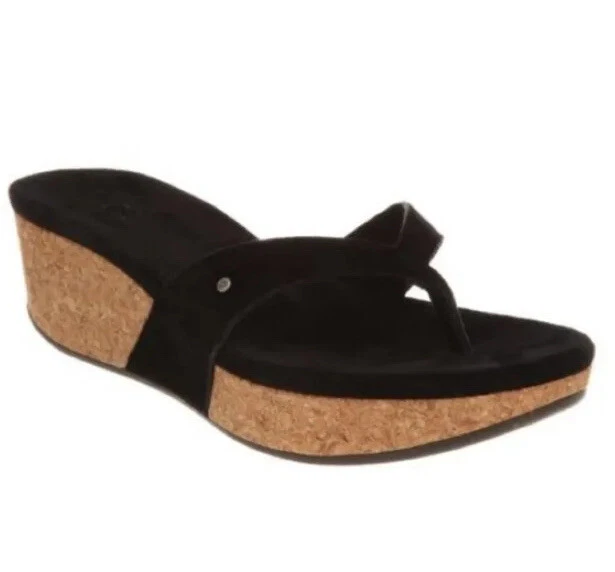 Sandali casual perizoma UGG Brooks in pelle scamosciata perizoma zeppa donna taglia 7 comfort neri comodi