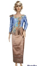 Cambodia Khmer Traditional Set Blue Women Size M Korean Silk Set 3/4 Sleeve