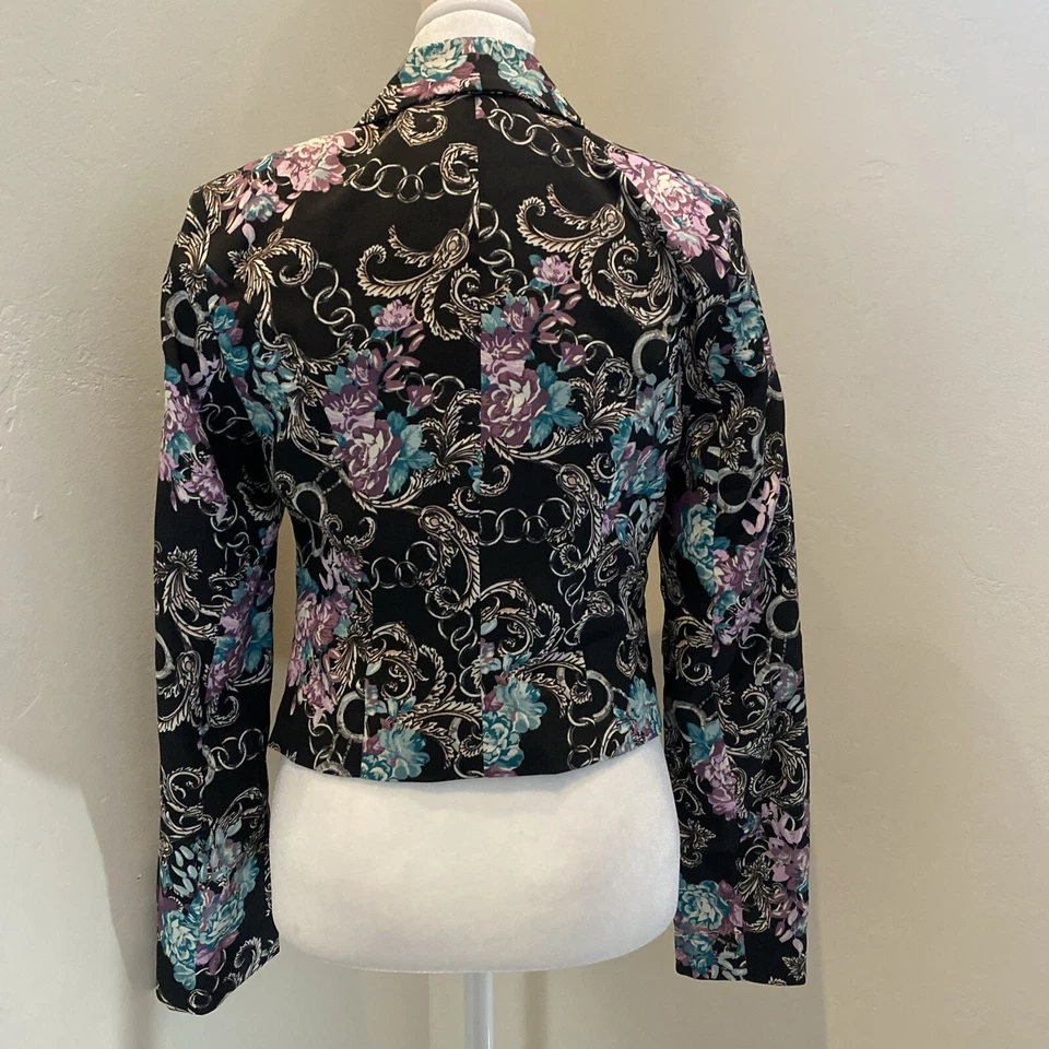 Bisou Bisou Cropped Tuxedo Jacket Blazer Black Purple Baroque Point Lapel Small - Image 3 of 4