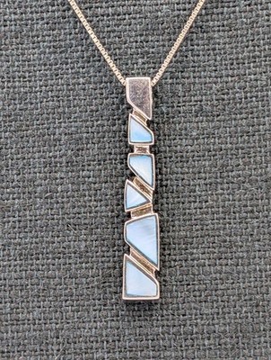 By HAN Vtg Sterling Silver Triangles Blue MOP Long Pendant 18'' Box 925 Necklace