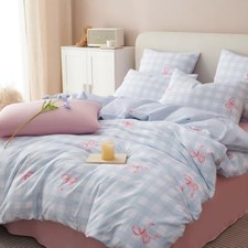 Girls Duvet Cover Set Queen Size Queen No Comforter Pink Bowknot Blue Gingham