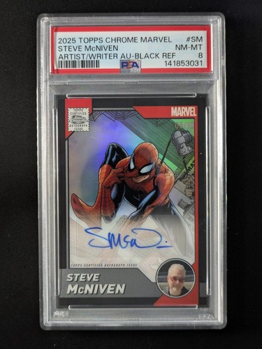 2025 Marvel Topps Chrome STEVE MCNIVEN 5/10 Auto Black Refractor #AA-SM PSA 8
