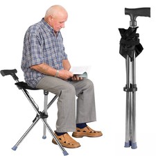 Folding Portable Walking Stick Seat Adjustable Aluminium Cane Chair Stool 150Kg