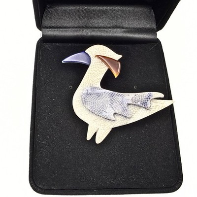 Lea Stein Marked Paris White Blue Acetate ''Great Beak'' Celluloid Brooch