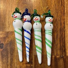 Set of Four Handblown Glass Snowmen Christmas Ornaments