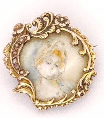 Victorian 15k 18k Yellow Gold Handmade Brooch Handpainted Blonde Red Head Woman