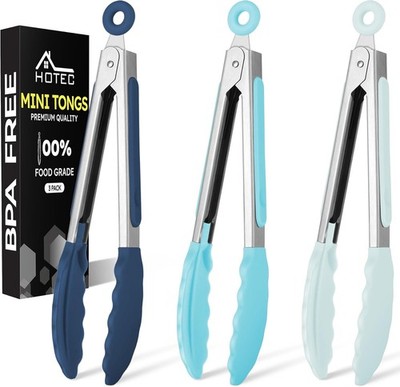 Mini Silicone Kitchen Tongs Cooking 7'' Small Serving Tongs Set of 3 (Blue)
