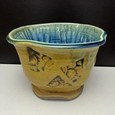 Pewabic Art Pottery Bowl Pot Planter Incised Impressed Floral Design Drip 1996