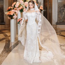 Elegant Boat Neck Wedding Dresses Mermaid Beading Lace Appliques Bridal Gowns