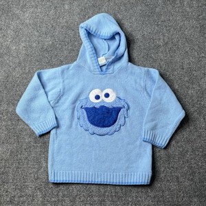 Vtg Sesame Street Cookie Monster Sweater Kids Youth 3T Hooded Pull Over Blue