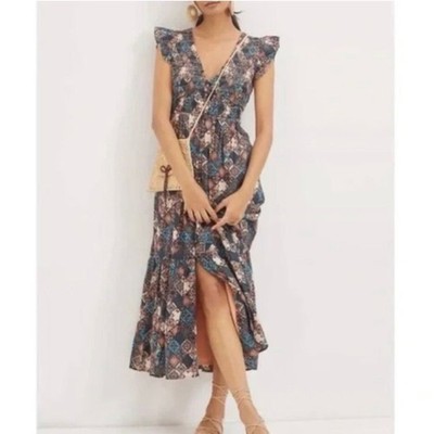 Anthropologie Boho Patchwork Maxi Dress Smocked Bodice Flutter Sleeve Midi