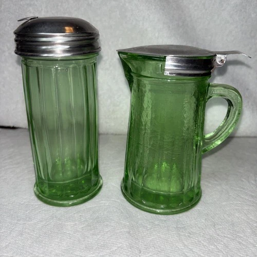 Depression Era Green Glass Sugar Shaker & Syrup Pitcher Set w/ Working Lids