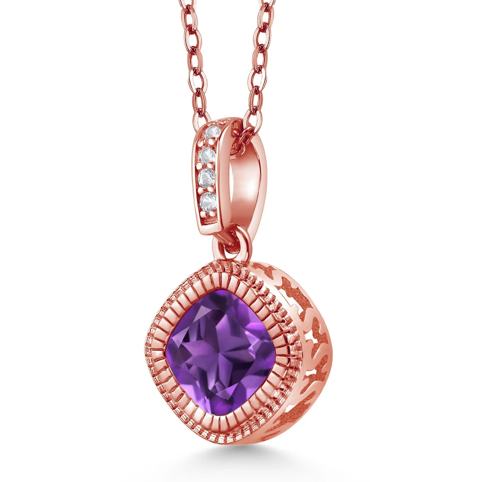 1.45 Ct Cushion Purple Amethyst 18K Rose Gold Plated Silver Pendant with Chain - Image 2 of 3
