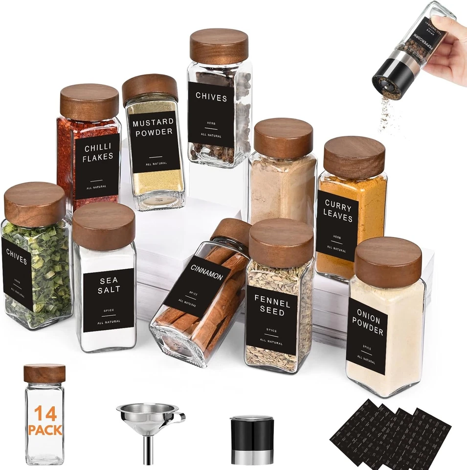 Tarros de especias de vidrio de 14 piezas con etiquetas - Contenedores cuadrados de especias con tapa de madera de acacia de 4 oz Foto 2 de 4