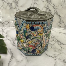 Baret Ware Vintage Tin Container Jar Metal Blue Silver Floral Octaganal England