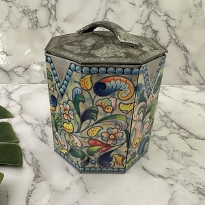 Baret Ware Vintage Tin Container Jar Metal Blue Silver Floral Octaganal England