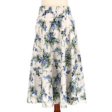 Veronica Beard Off-White Blue Floral Cotton Arwen Midi A-Line Skirt Size US 10