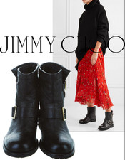 JIMMY CHOO 38 Youth Biker Boots Crushed Black Leather 7.5