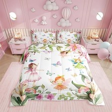 Floral Fairy Bedding Set,Dreamy Fairy Garden Comforter Set for Full Pink Green