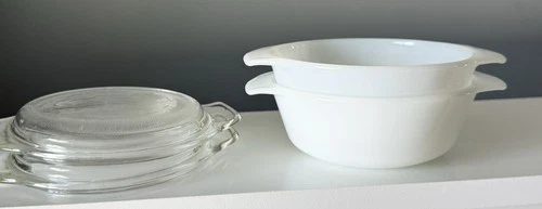 2 Lot Anchor Hocking Fire King Milk Glass 12 oz Oven Casserole Bowls 472 w/ Lids