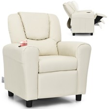 Costway Kids Recliner Chair PU Leather Armrest Sofa w/Footrest Cup Holder Beige