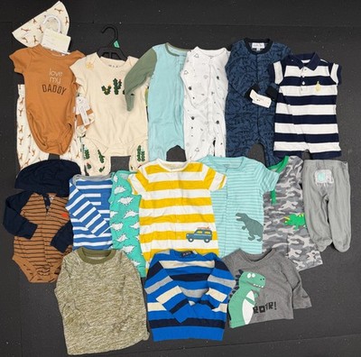 18pc Baby Boy Clothing Lot 6-9M & 18-24M Carters Dino Stripes Rompers Outfits