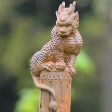 Rustic Cast Iron Dragon Climbing Pillar Garden Sculpture