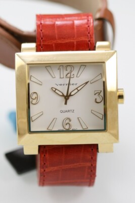 Vernier Unisex Armbanduhr Gold Edelstahl st Rot & Braunes Leder Akku Weiß Quarz