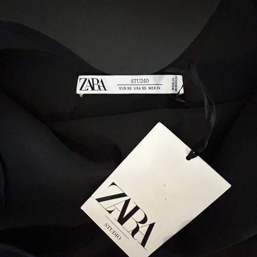 ZARA NWT Black Satin Maxi Dress XS Empire Waist Deep V Pockets Elegant Classy - Picture 7 of 10