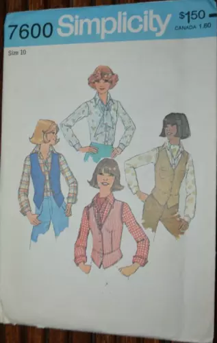 SIMPLICITY PATTERN 7600 MISSES' VEST SHIRT ASCOT Sz 10 Uncut