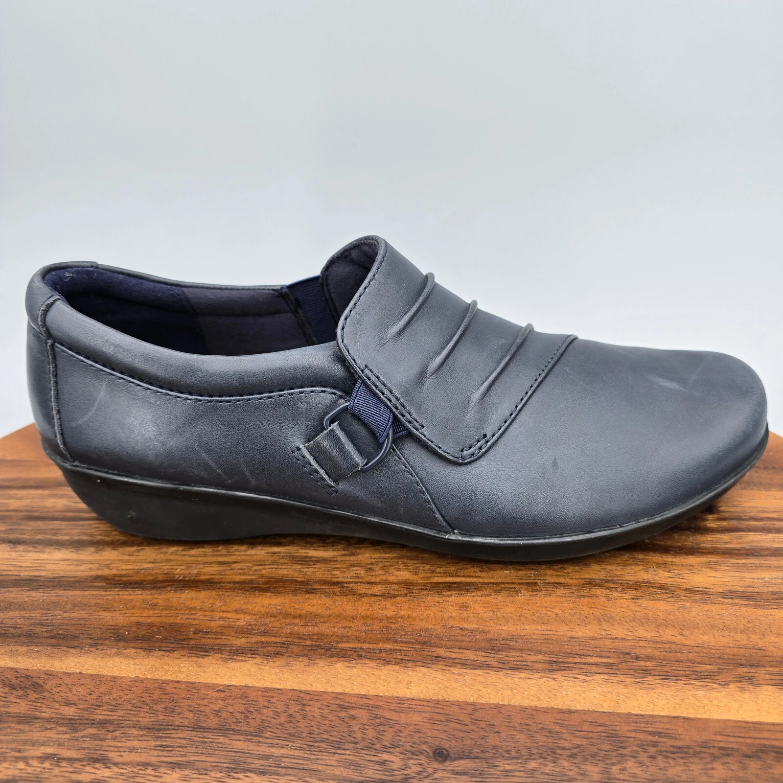 Scarpe Clarks mocassini donna 7M blu navy pelle everlay increspati business comodi
