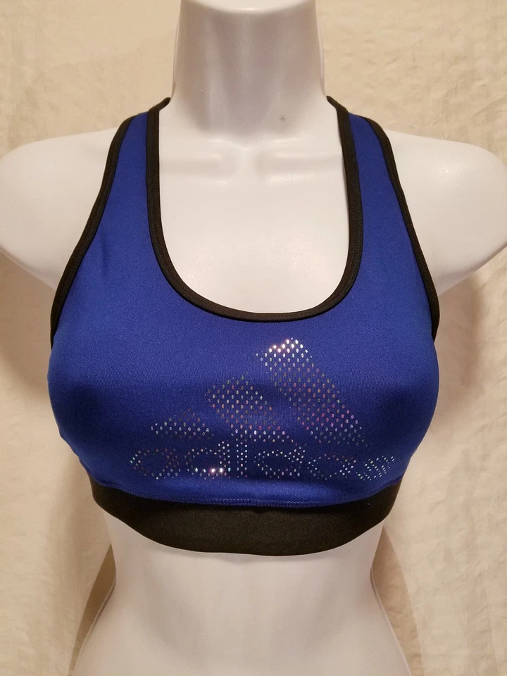 New ADIDAS Racerback Blue Sports Bra ClimaLite Metallic Logo Women's XS S - Image 2 of 4