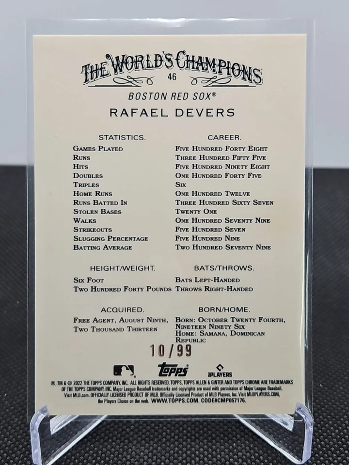 2022 Topps Allen & Ginter Chrome - #46 Rafael Devers /99 Green - Image 2 of 3