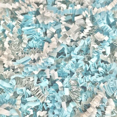 ShredAstic® Shredded Paper Pale Blue Silver White Mix Crinkle Cut ZigZag
