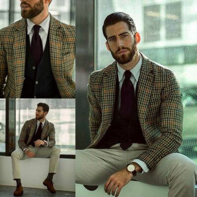 Houndstooth Vintage Men's Jacket Italy Business Workwear Groom Casual Tuxedos