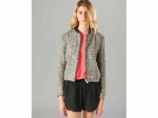 Authentic Maje Black Jacket Tweed with Leather Collar Blazer Zip Size 3 US