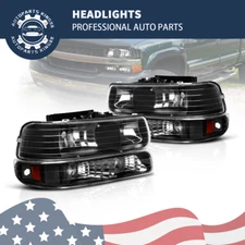 Headlights w/ Bumper Light for 99-02 Silverado 00-06 Tahoe Suburban Black Lamps