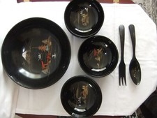 Chinese Hand Painted Black Lacquer Serving Bowl & Servers, 6 Side Bowls