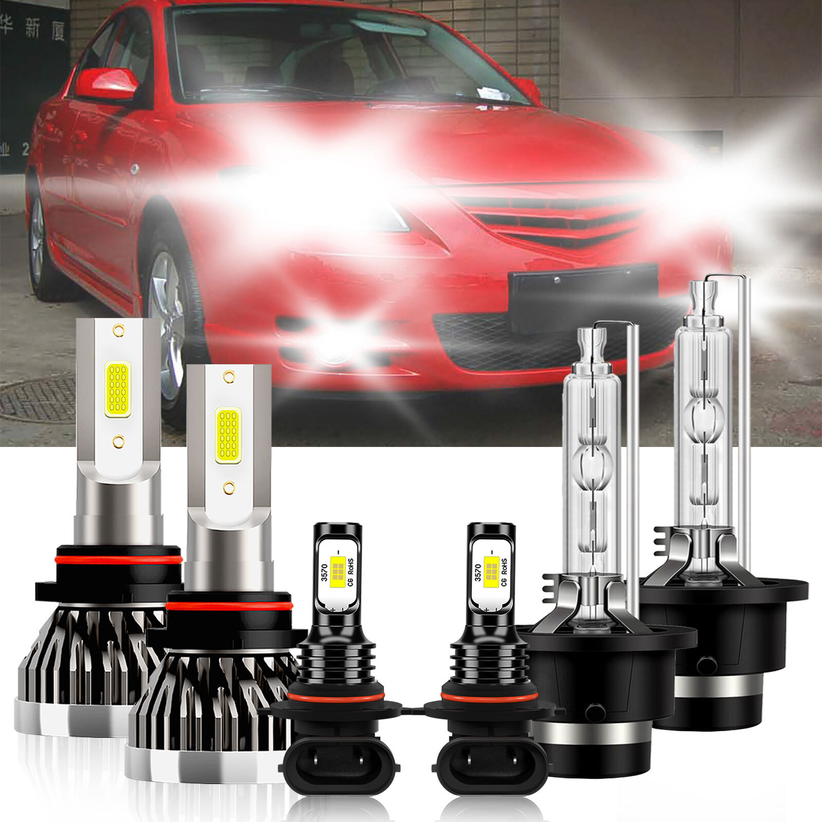 6Pcs LED HID Headlight High Low+Fog Light Bulbs white kit For Mazda 3 2007-2009