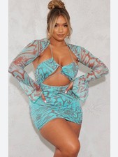 PLT Y2K Blue Animal Print Mesh Lace Up Detail Overlay Bodycon Dress Size 2 & 8